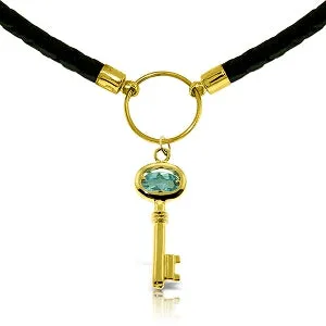 0.5 Carat 14K Solid Yellow Gold Leather Key Necklace Blue Topaz