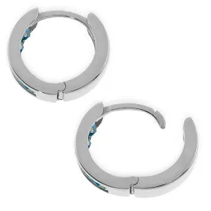 14K Solid White Gold Hoop Huggie Earrings w/ Blue Topaz