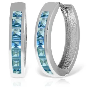 14K Solid White Gold Hoop Huggie Earrings w/ Blue Topaz