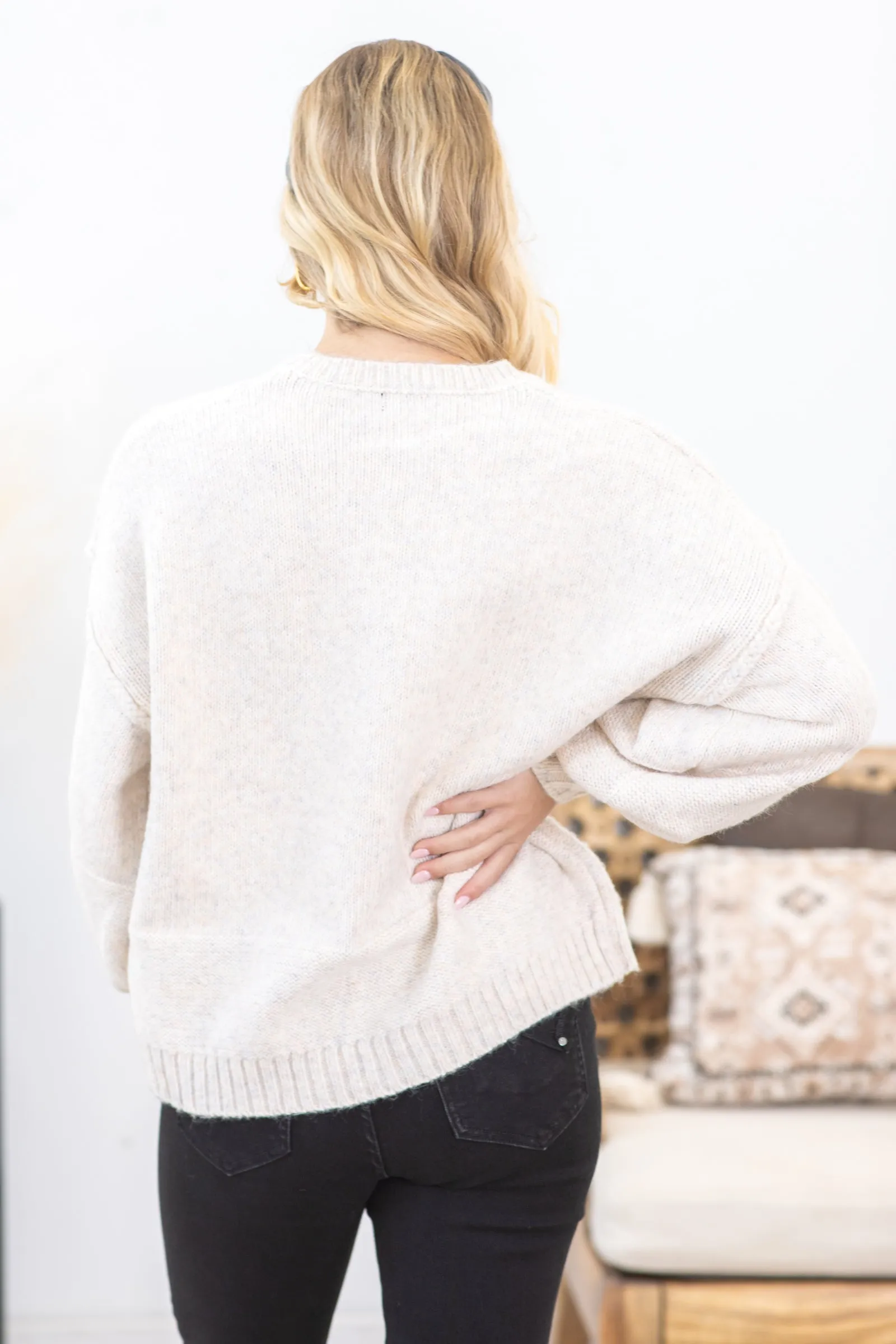 Beige Balloon Sleeve Sweater With Front Pocket