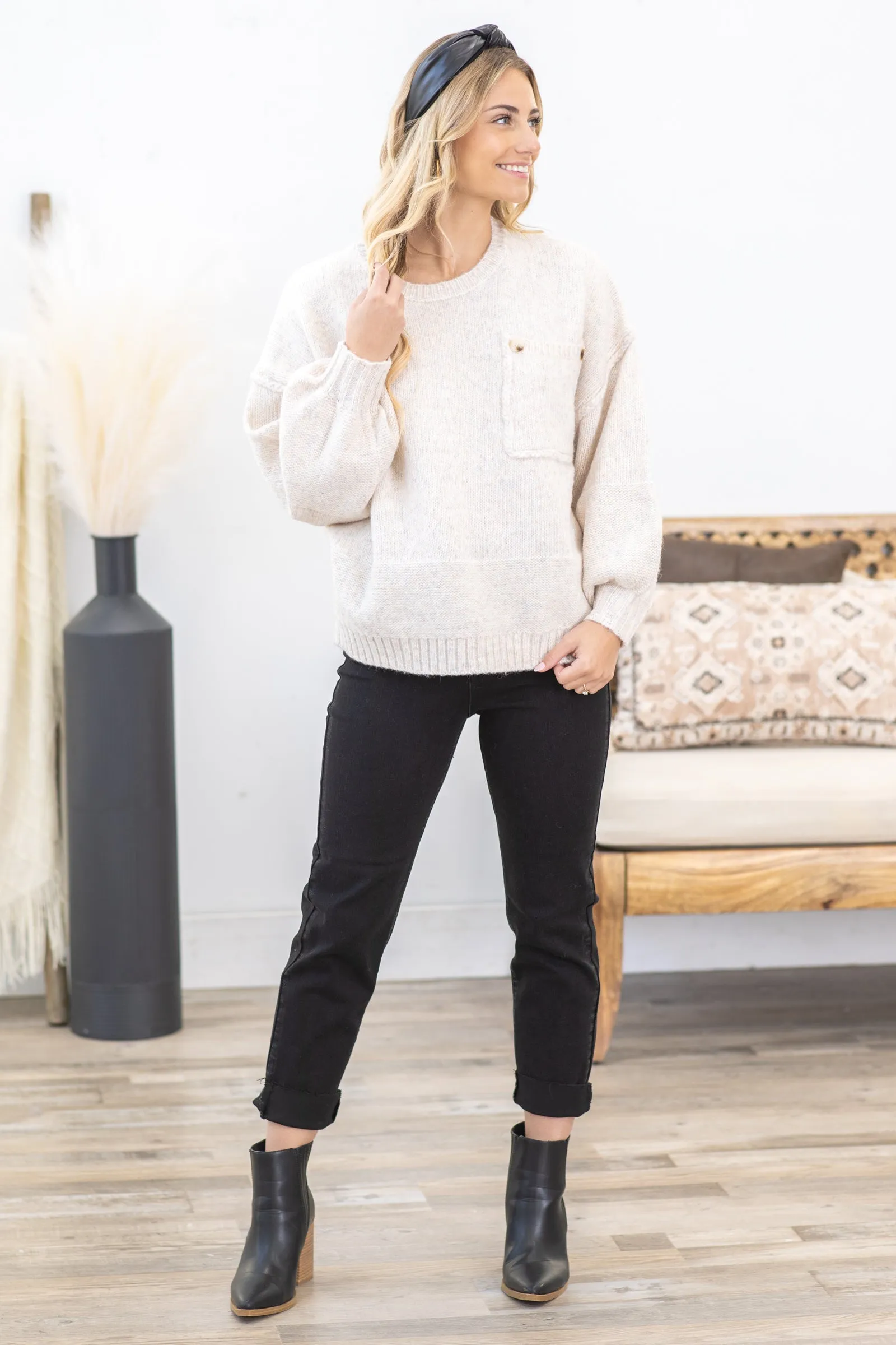 Beige Balloon Sleeve Sweater With Front Pocket