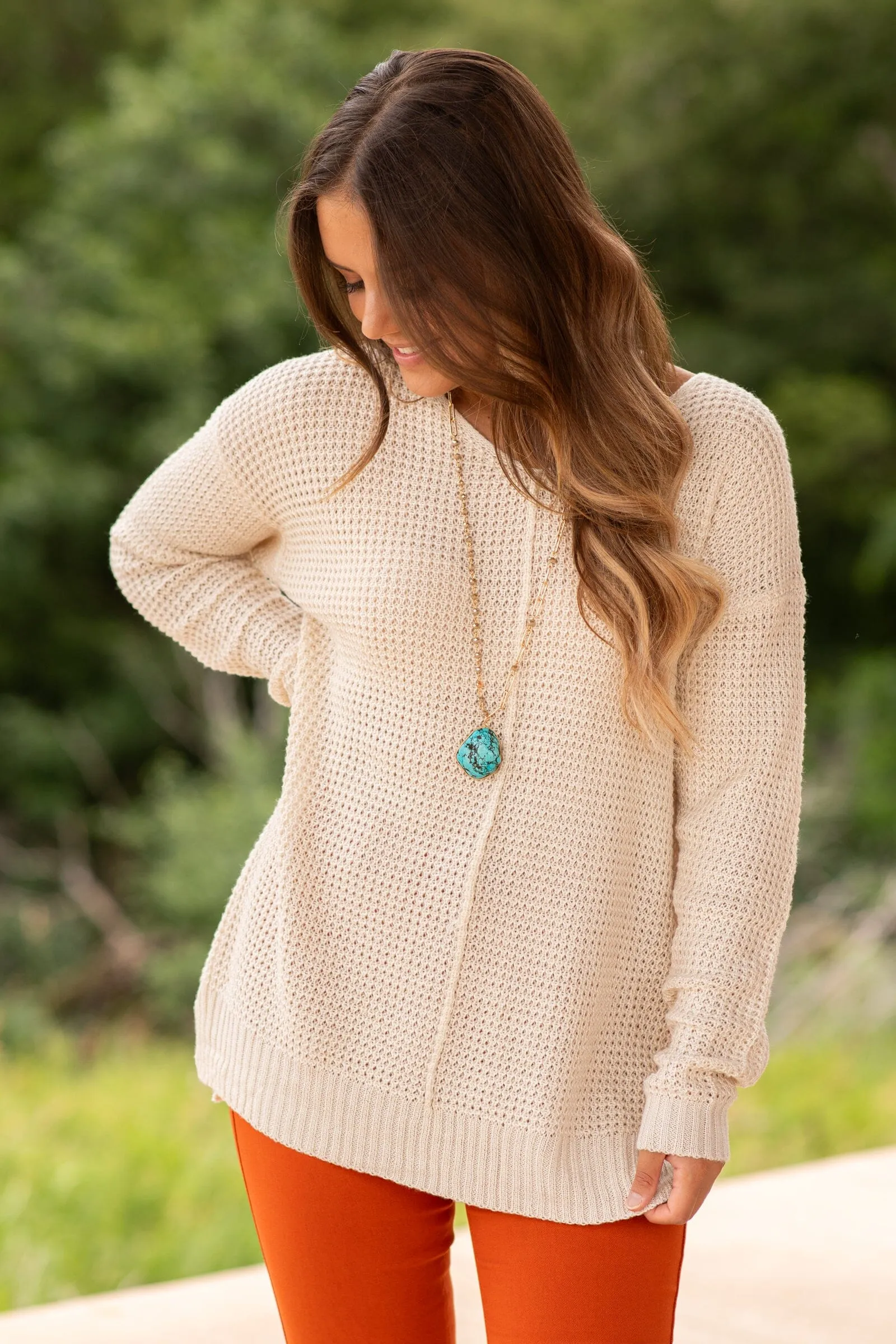 Beige V-Neck Waffle Knit Sweater With Seam