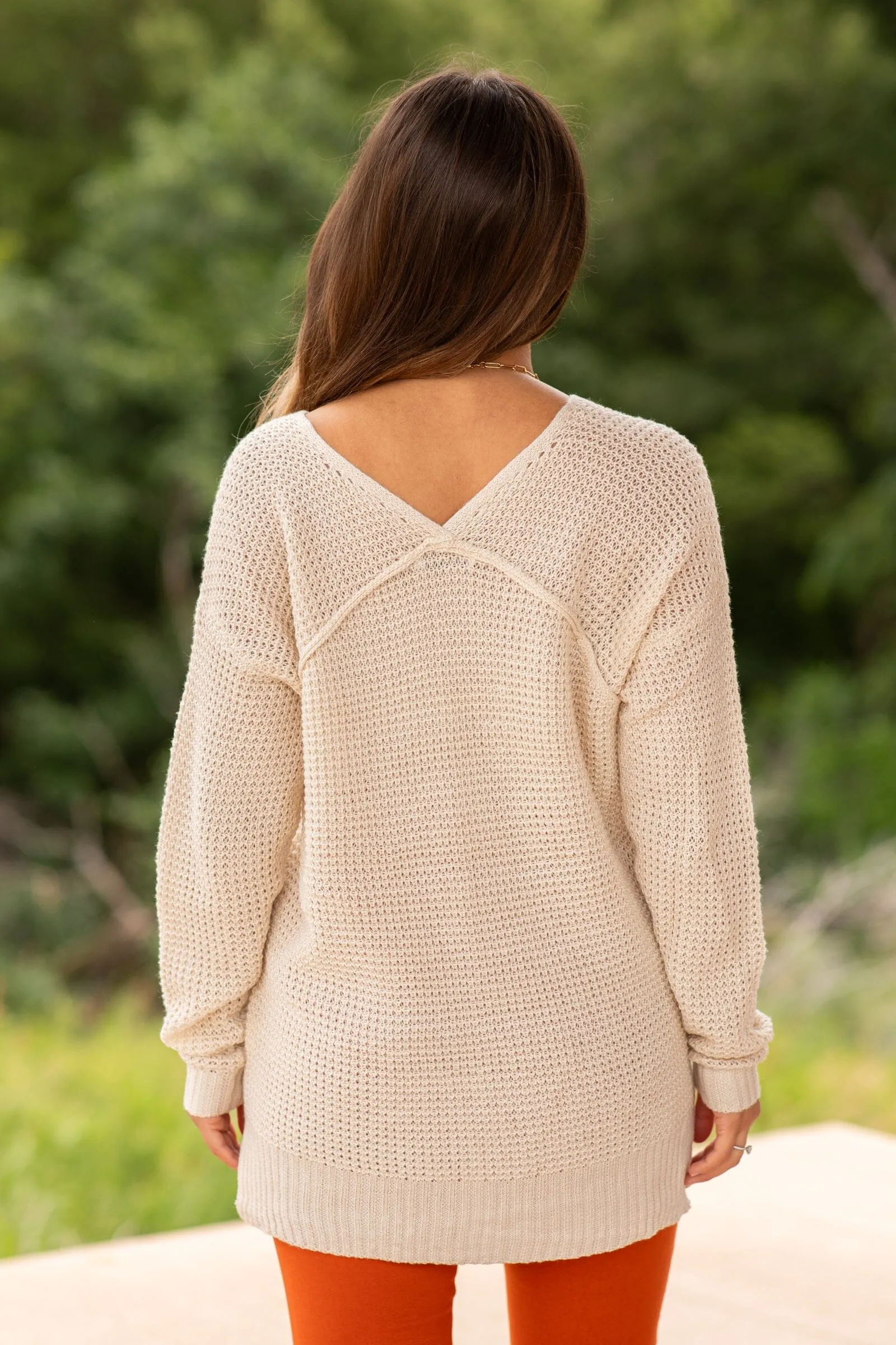 Beige V-Neck Waffle Knit Sweater With Seam