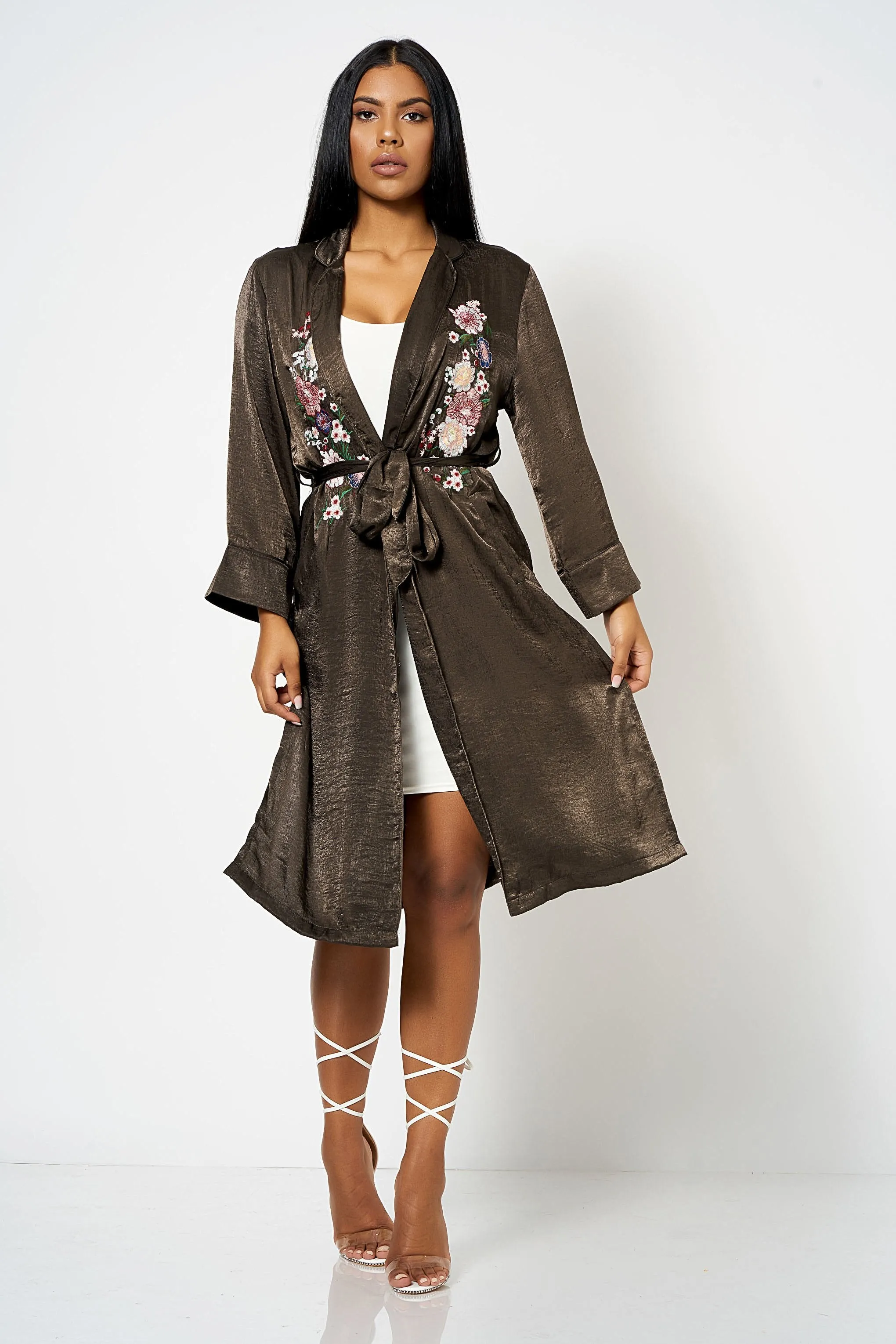 Charcoal Satin Embroidery Duster Coat