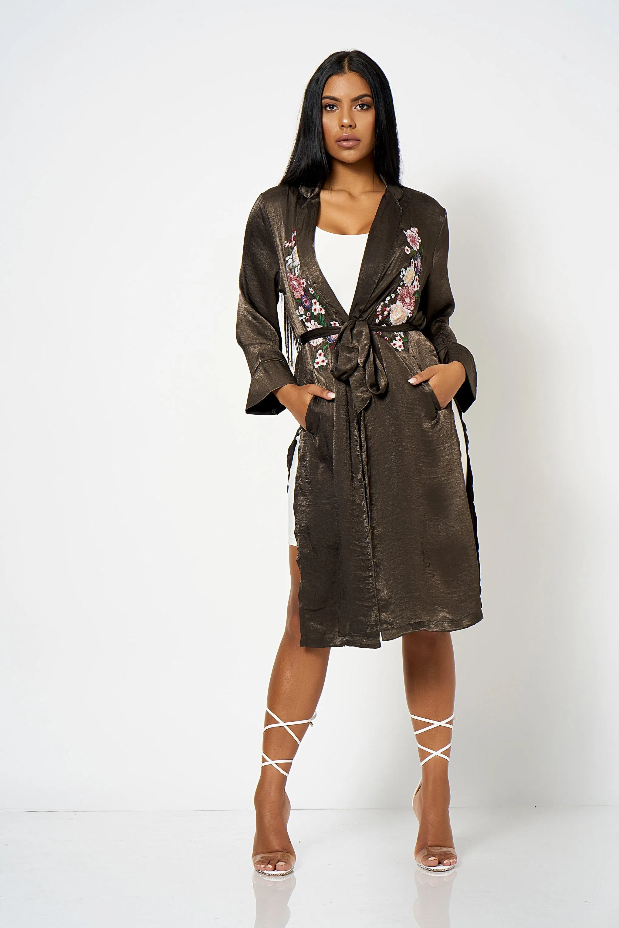 Charcoal Satin Embroidery Duster Coat