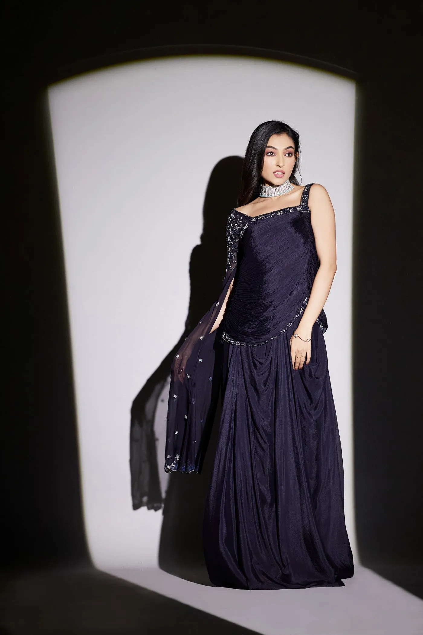 Deep Blue Pure Chinon Silk Draped Gown