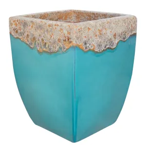 Elegant Turquoise Square Ceramic Planter | Textured Rim Pot ( Set Of 4 )