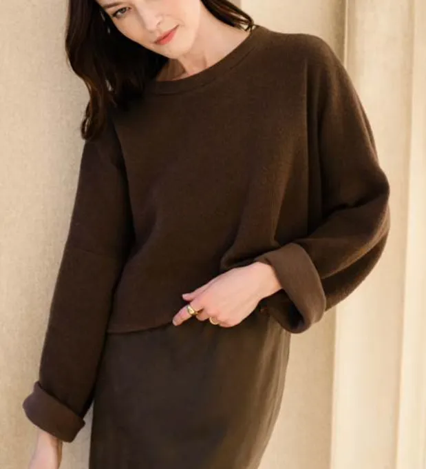 Natalie Busby Cropped Crew Sweater in Espresso