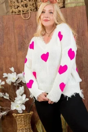 Neon Fuchsia Heart Print Distressed V Neck Long Sleeve Sweater Voluptuous ( ) Plus Size - Ships from The US