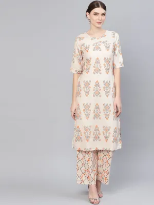 Off -White Printed Half Sleeve Cotton Kurta Set With Palazzo