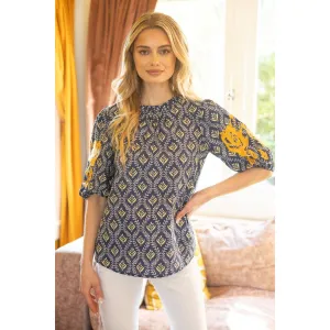 Palmer Embroidered Puff Sleeve Printed VOY Top-SALE