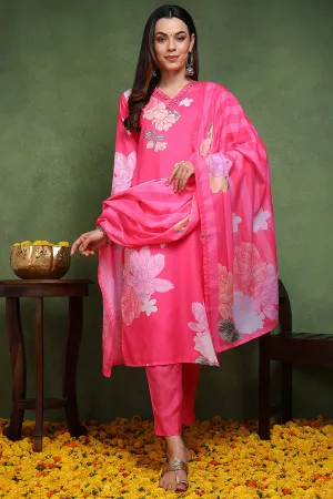 Pink Cotton Blend Floral Printed Straight Suit Set