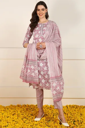 Pink Cotton Floral Printed Straight Suit Set