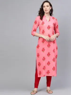 Pink Floral Printed Kurta With Mandarin Collar & 3/4 Sleeves