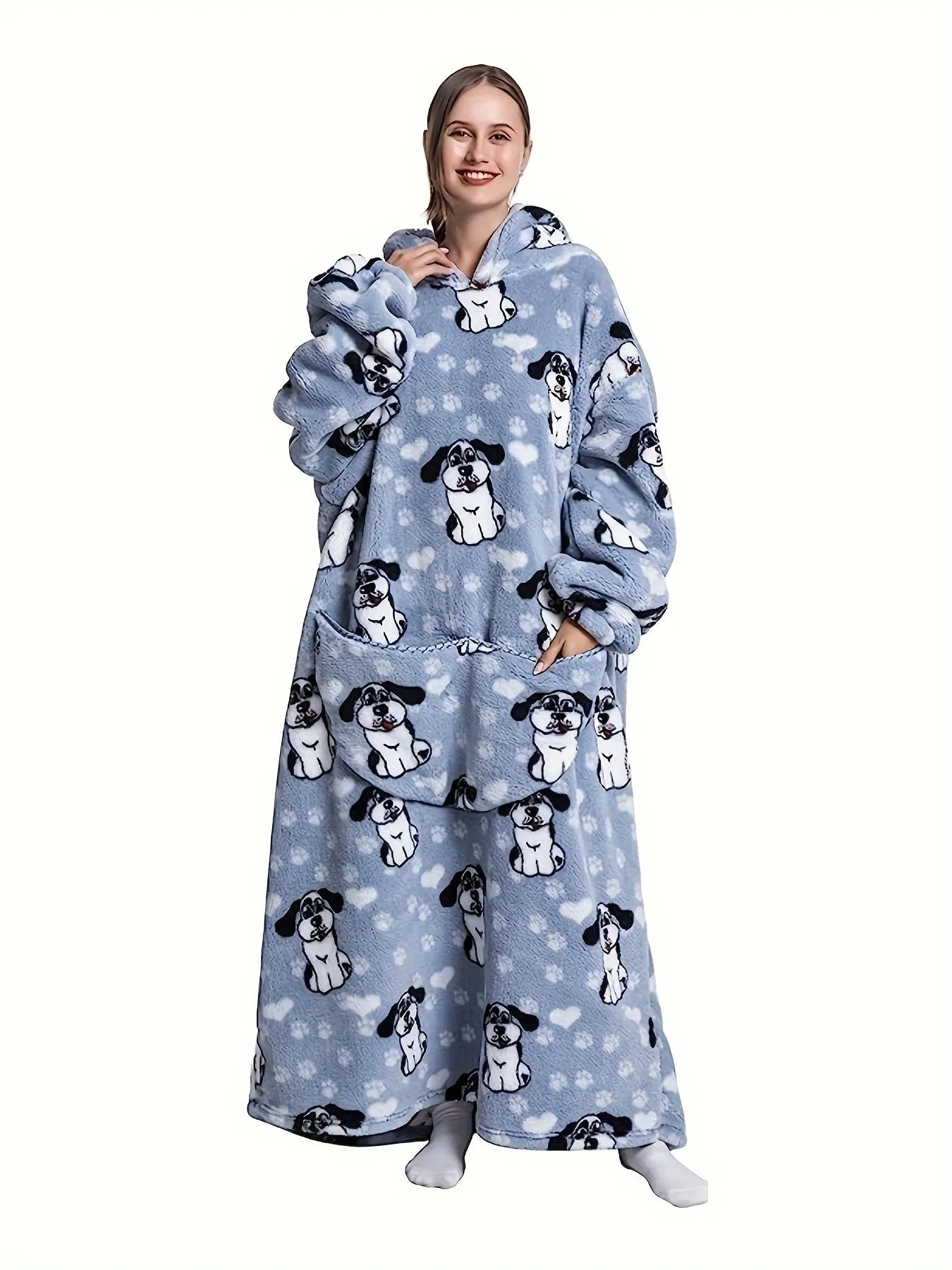 Plus Size Dog Print Flannel Blanket Hoodie, Winter Soft And Cozy Plush Hooded Outwear, Women's Plus Size Clothing