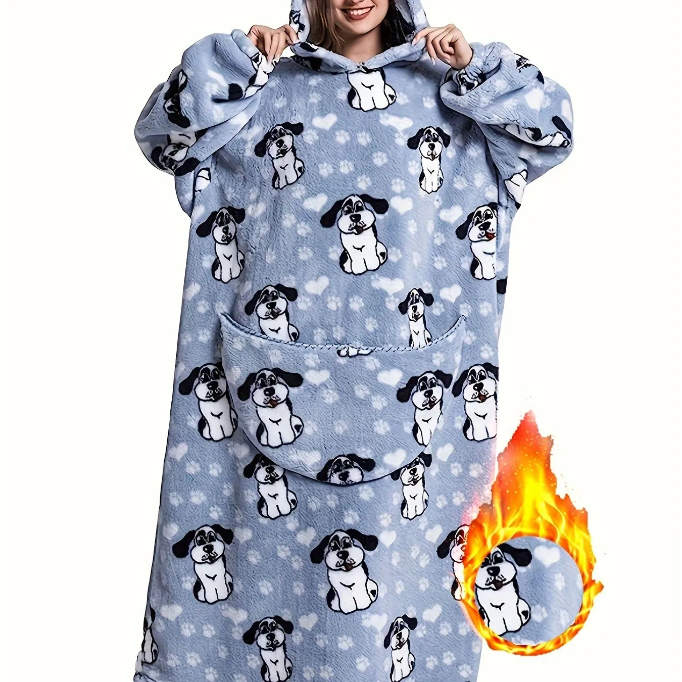 Plus Size Dog Print Flannel Blanket Hoodie, Winter Soft And Cozy Plush Hooded Outwear, Women's Plus Size Clothing