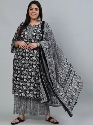 Plus Size Women Black Printed Straight Kurta With Palazo & Dupatta