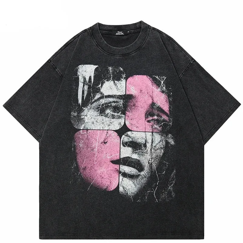 Puzzle Face Graphic Oversized T-Shirt