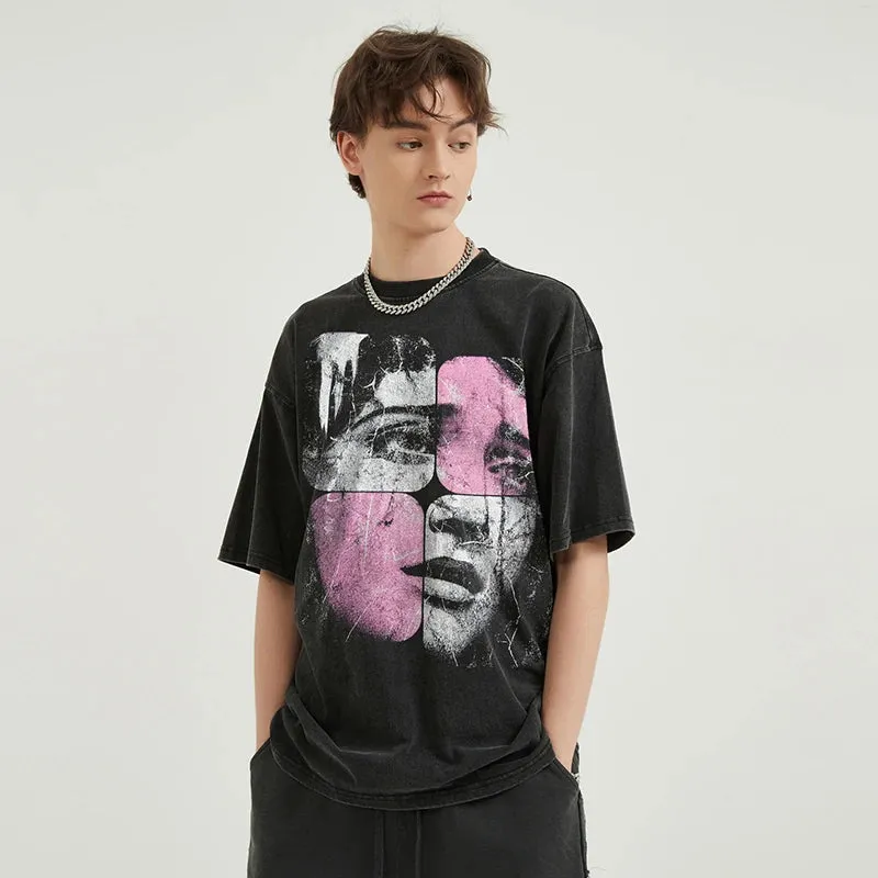 Puzzle Face Graphic Oversized T-Shirt