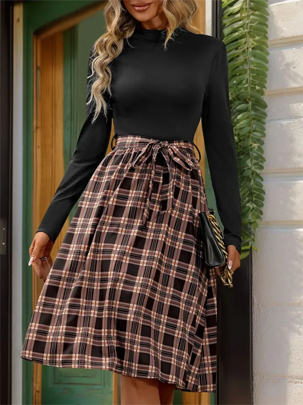 Stand-Up Collar Slim Fit Elegant Plaid Splicing Dress