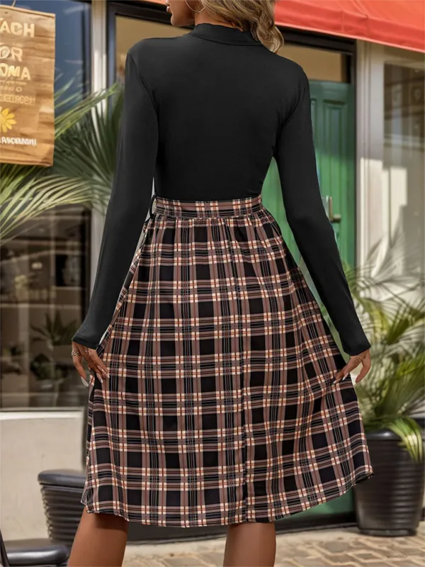 Stand-Up Collar Slim Fit Elegant Plaid Splicing Dress