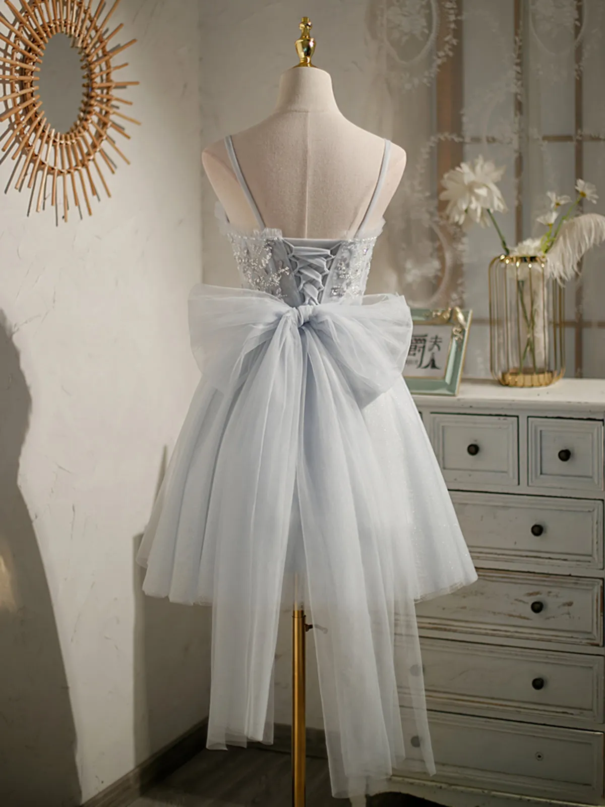 Sweetheart Neck Short Gray Tulle Prom Dresses, Short Grey Tulle Formal Graduation Dresses