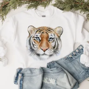 Watercolor Tiger Crewneck Sweatshirt Beautiful Tiger Pullover in White, Sand, Ash, Maroon, Navy Unisex-Sized Sweatshirt