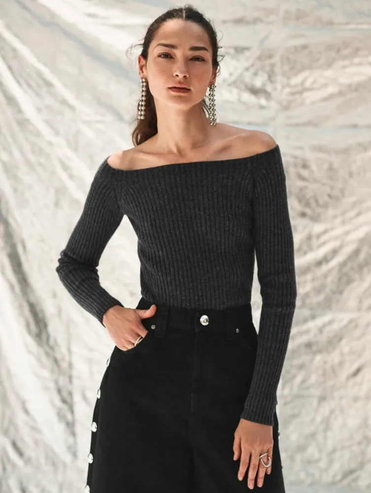 White & Warren - Cashmere Ribbed off Shoulder Top-Black