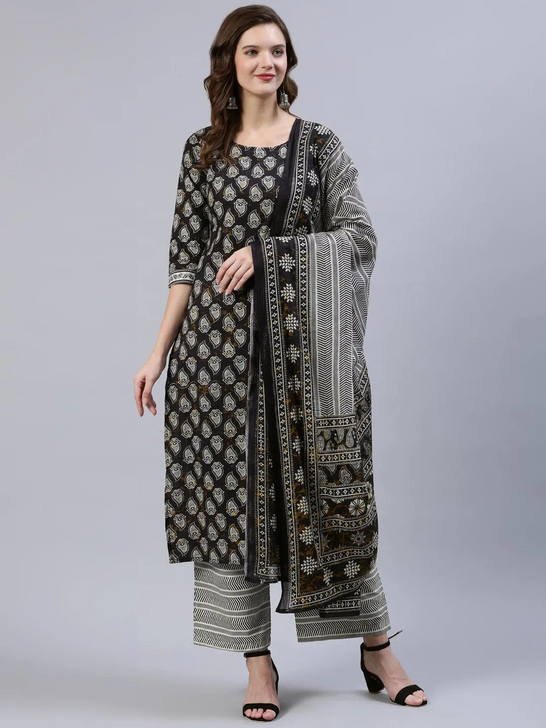 Women Black Printed Straight  Kurta With Palazo & Dupatta