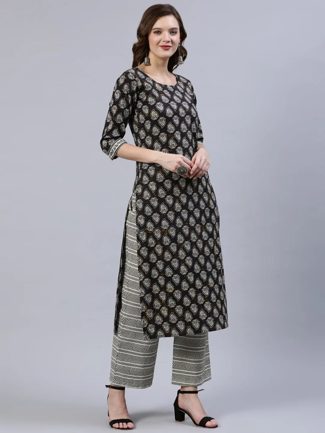 Women Black Printed Straight  Kurta With Palazo & Dupatta