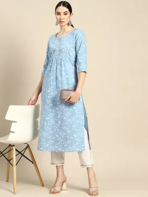 Women Blue Printed Flared Kurta With Three Quarter Sleeves