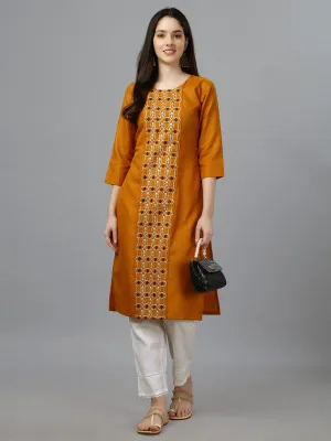 Womens Embroidered Straight Mustard Kurti